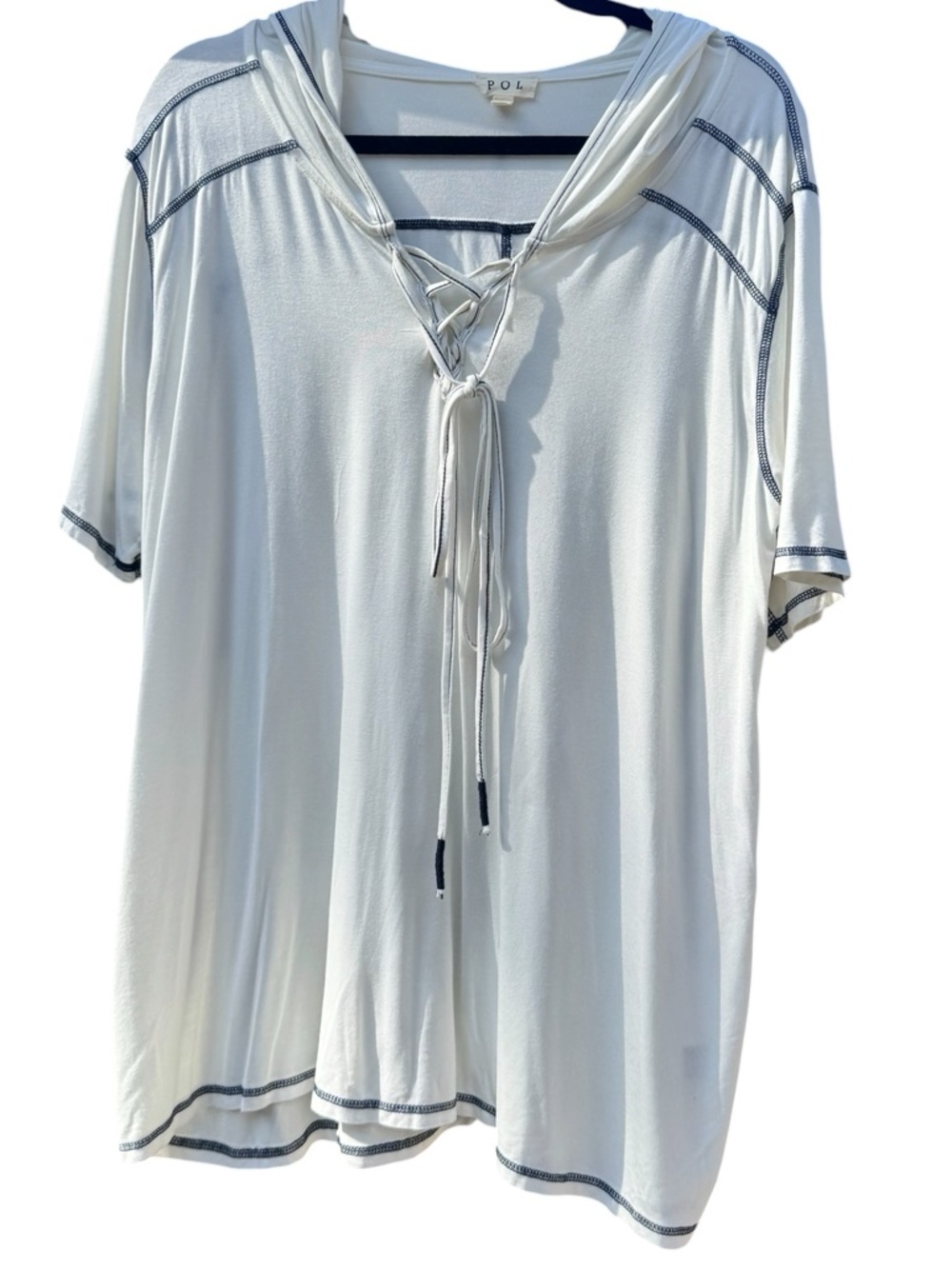 POL Lace-Up V-Neck Hooded Tunic in White with Navy Blue Contrast Stitching